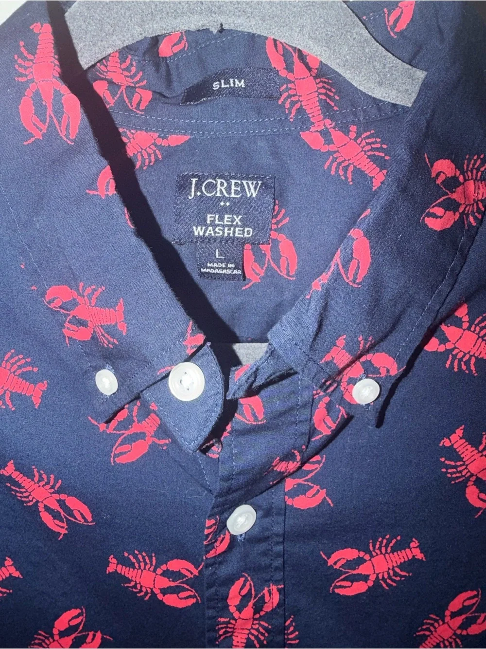 J. Crew Navy Short-Sleeve Button-Down with Red Lobster Print